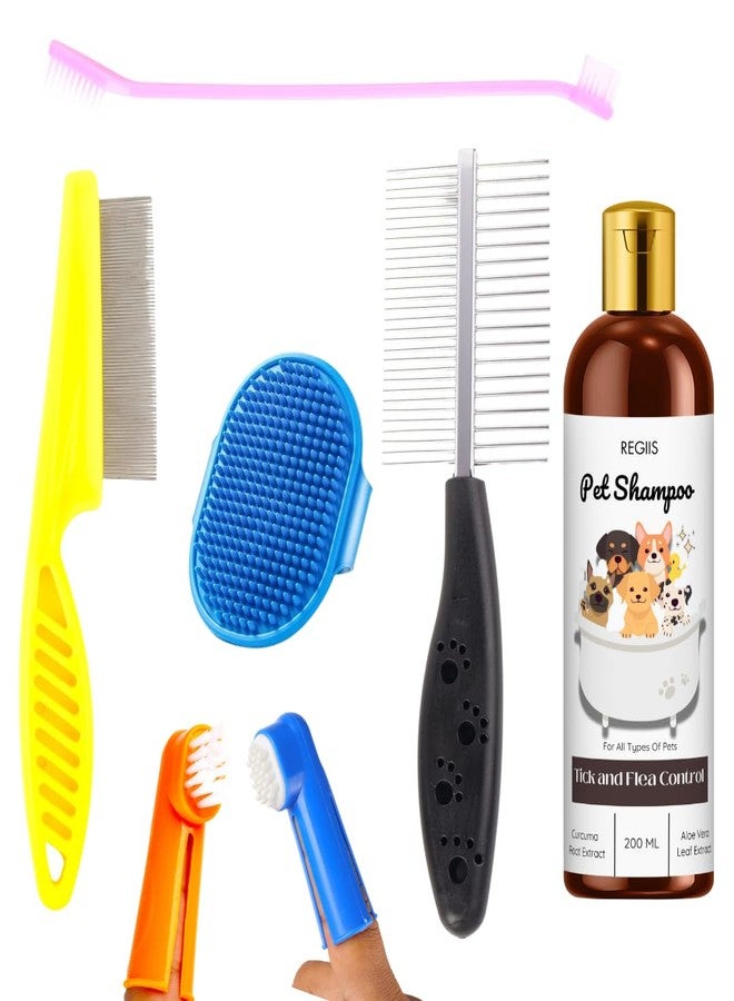 مجموعة ريجيس للعناية بالحيوانات الأليفة مع شامبو لمكافحة القراد والبراغيث، مجموعة من 5 قطع مع أمشاط وفرش وفرشاة أسنان للأصابع للكلاب، 200 مل - Image 1